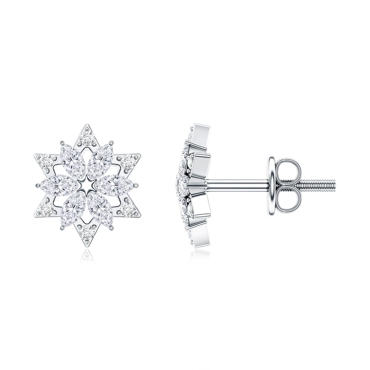 Round Diamond Flower Stud Earrings With Screw Back