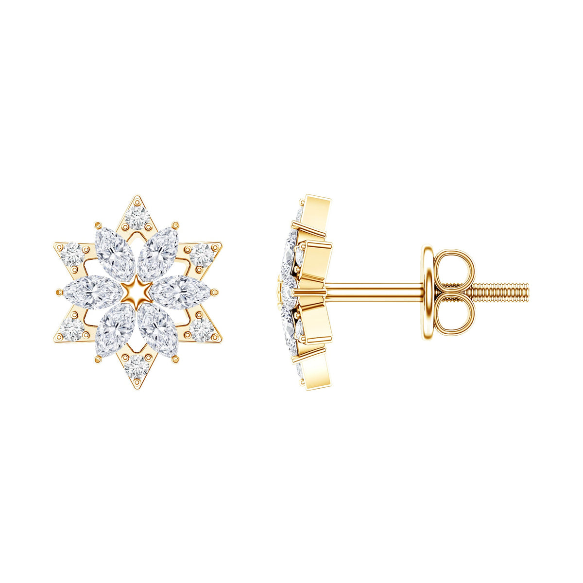 Round Diamond Flower Stud Earrings With Screw Back