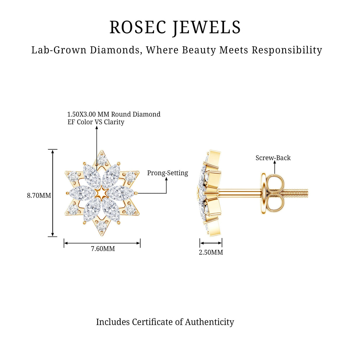 Round Diamond Flower Stud Earrings With Screw Back