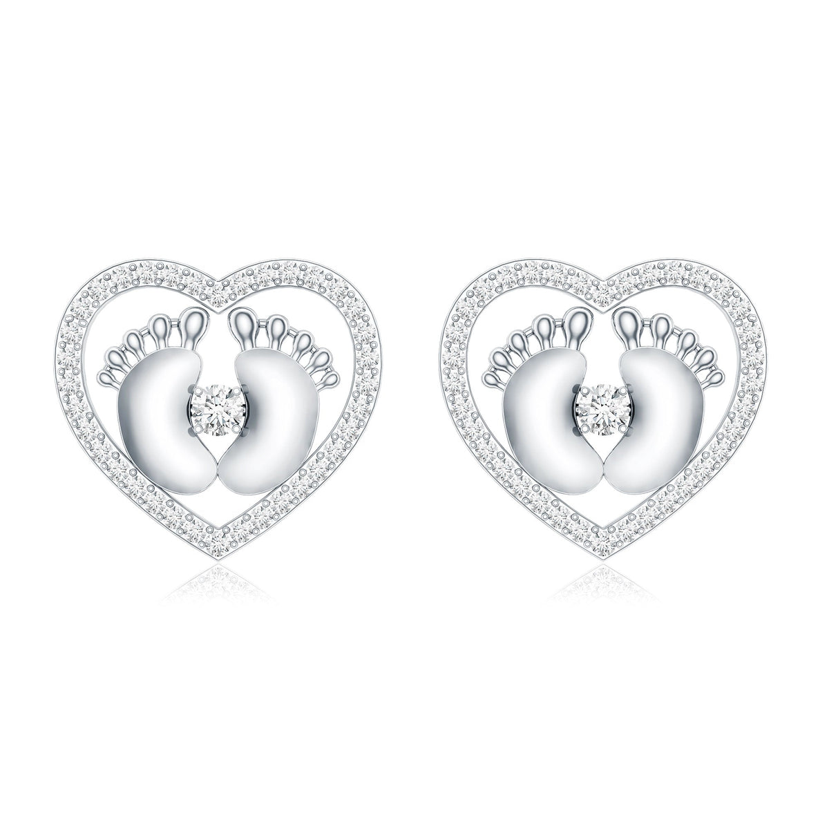 Diamond Heart Stud Earrings with Baby Feet