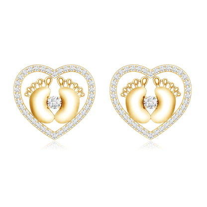 Diamond Heart Stud Earrings with Baby Feet
