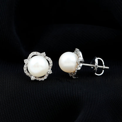 Cultured Pearl Stud Earrings With Diamond