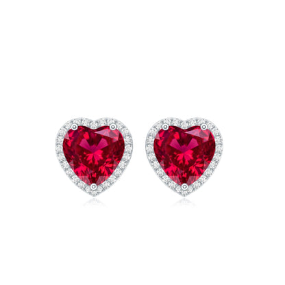 4 Carat Heart Shape Created Ruby Halo Stud Earrings with Diamond