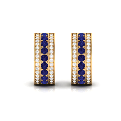 Lab Created Blue Sapphire and Diamond Hoop Earrings For Her