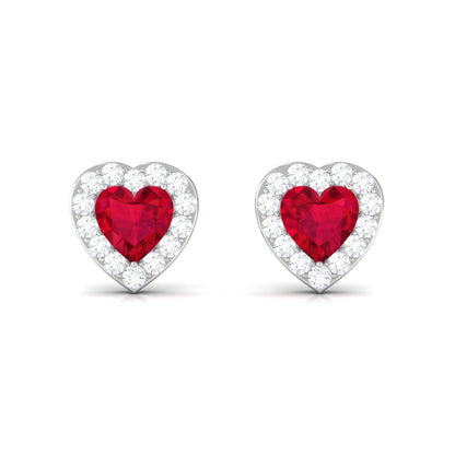 Heart Shape Lab Grown Ruby Halo Stud Earrings with Diamond