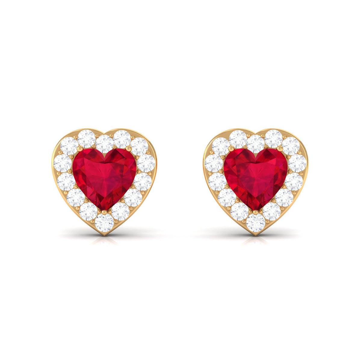 Heart Shape Lab Grown Ruby Halo Stud Earrings with Diamond