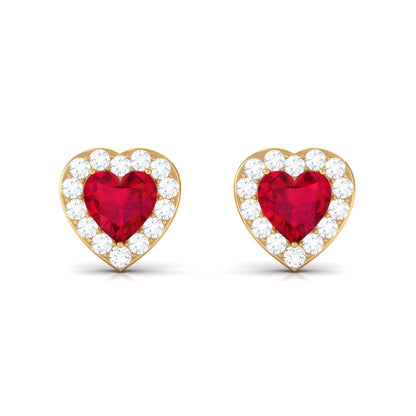 Heart Shape Lab Grown Ruby Halo Stud Earrings with Diamond