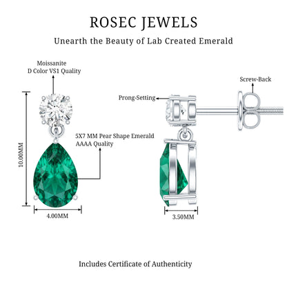 Pear Cut Lab Created Emerald and Moissanite Teardrop Earrings