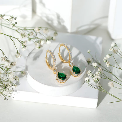 2 Carat Lab Created Emerald Teardrop Hoop Earrings with Moissanite