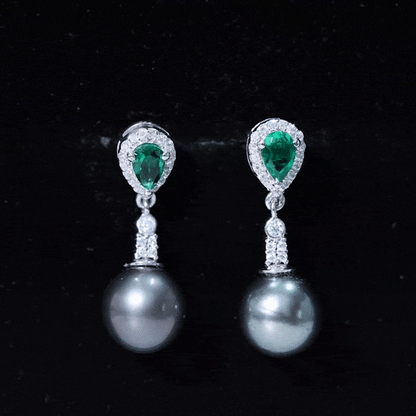Vintage Looking 15 Carat Black Pearl Dangle Earrings with Lab Emerald and Diamond