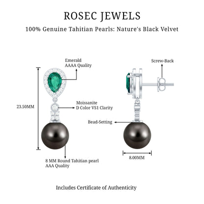 Vintage Looking 15 Carat Black Pearl Dangle Earrings with Lab Emerald and Diamond