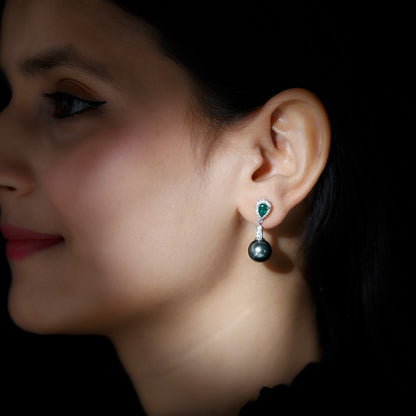 Vintage Looking 15 Carat Black Pearl Dangle Earrings with Lab Emerald and Diamond