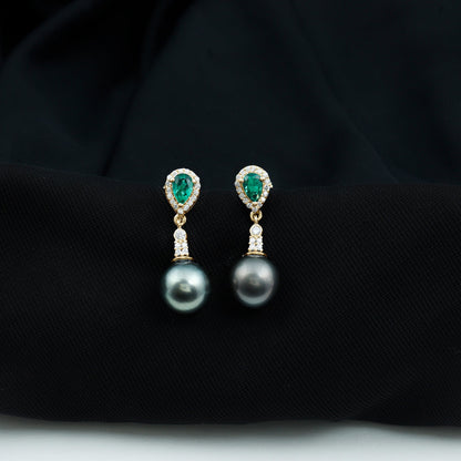 Vintage Looking 15 Carat Black Pearl Dangle Earrings with Lab Emerald and Diamond