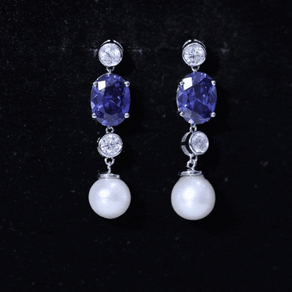 Lab Created Blue Sapphire and Freshwater Pearl Dangle Earrings with Moissanite