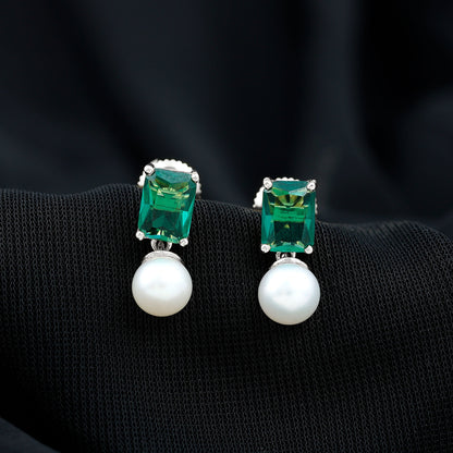 Certified Emerald Cut Lab Grown Emerald and Pearl Drop Earrings
