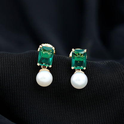 Certified Emerald Cut Lab Grown Emerald and Pearl Drop Earrings