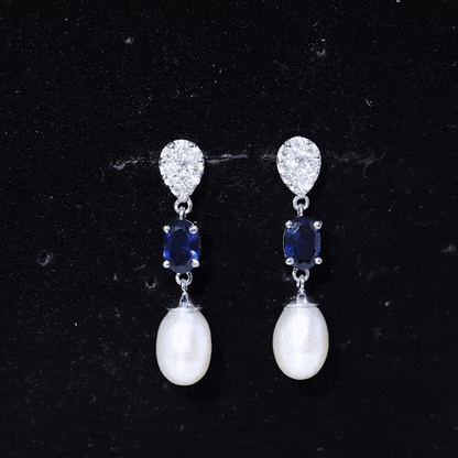 Teardrop Shape Freshwater Pearl Dangle Earrings with Lab Sapphire