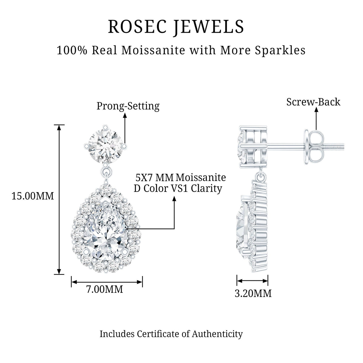 1.5 Carat Moissanite Bridal Dangle Earrings in Prong Setting