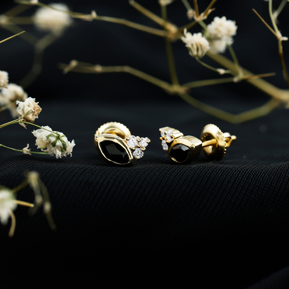 Natural Black Onyx Stud Earrings with Diamond Trio