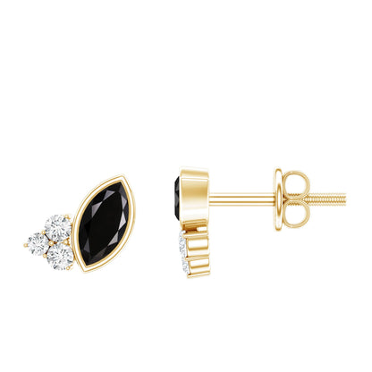 Marquise Cut Black Spinel Stud Earrings with Diamonds
