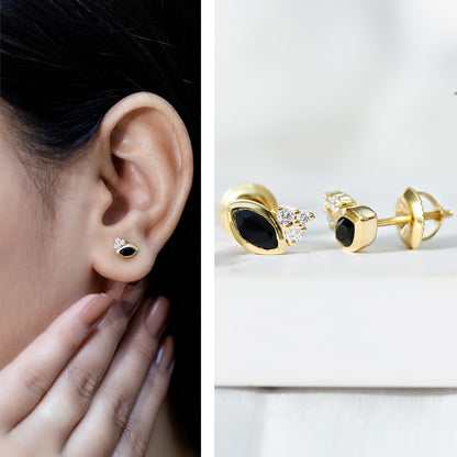 Marquise Cut Black Spinel Stud Earrings with Diamonds