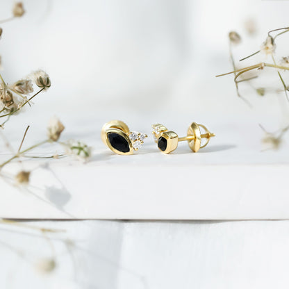 Marquise Cut Black Spinel Stud Earrings with Diamonds