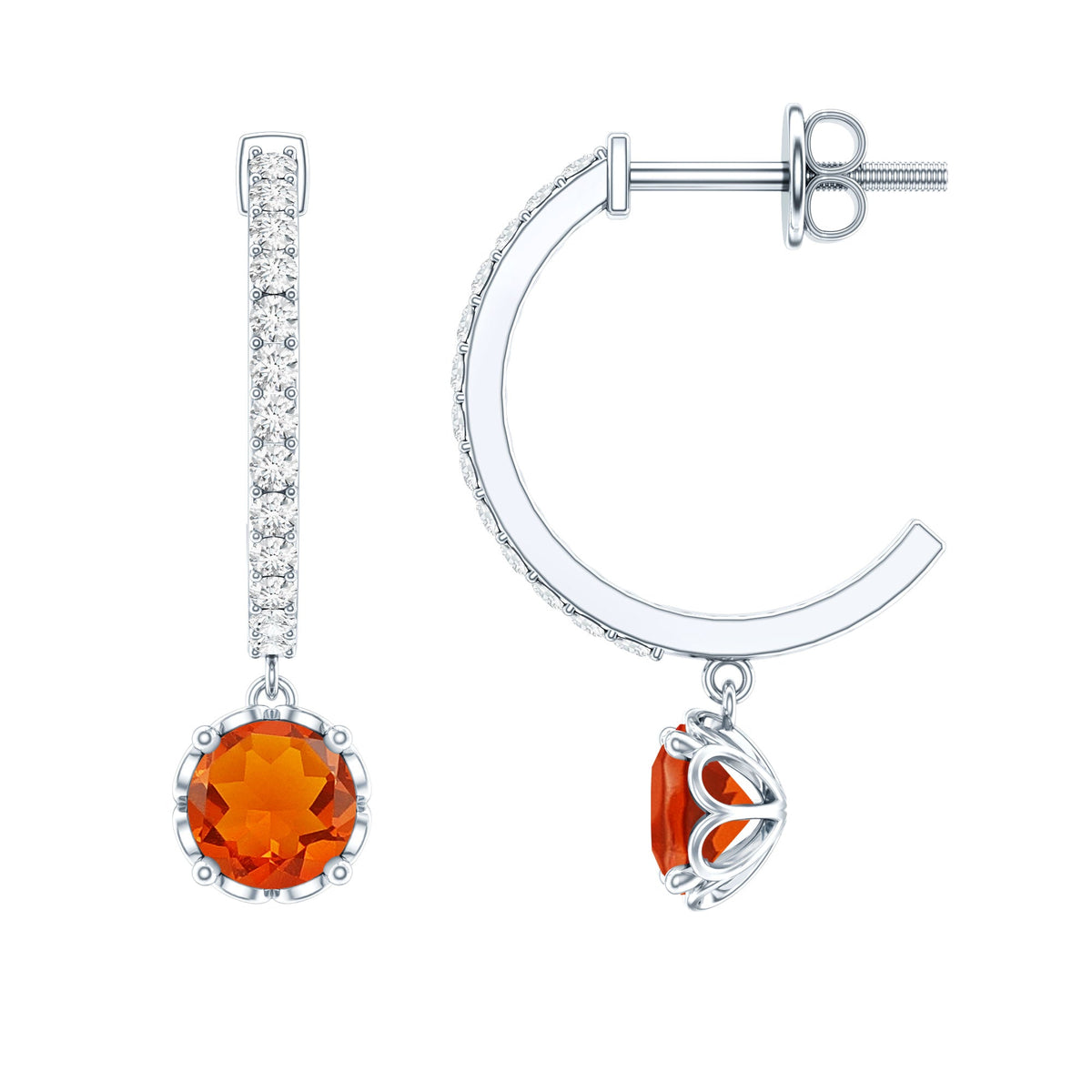Certified Real Fire Opal Drop Hoop Earrings with Diamond
