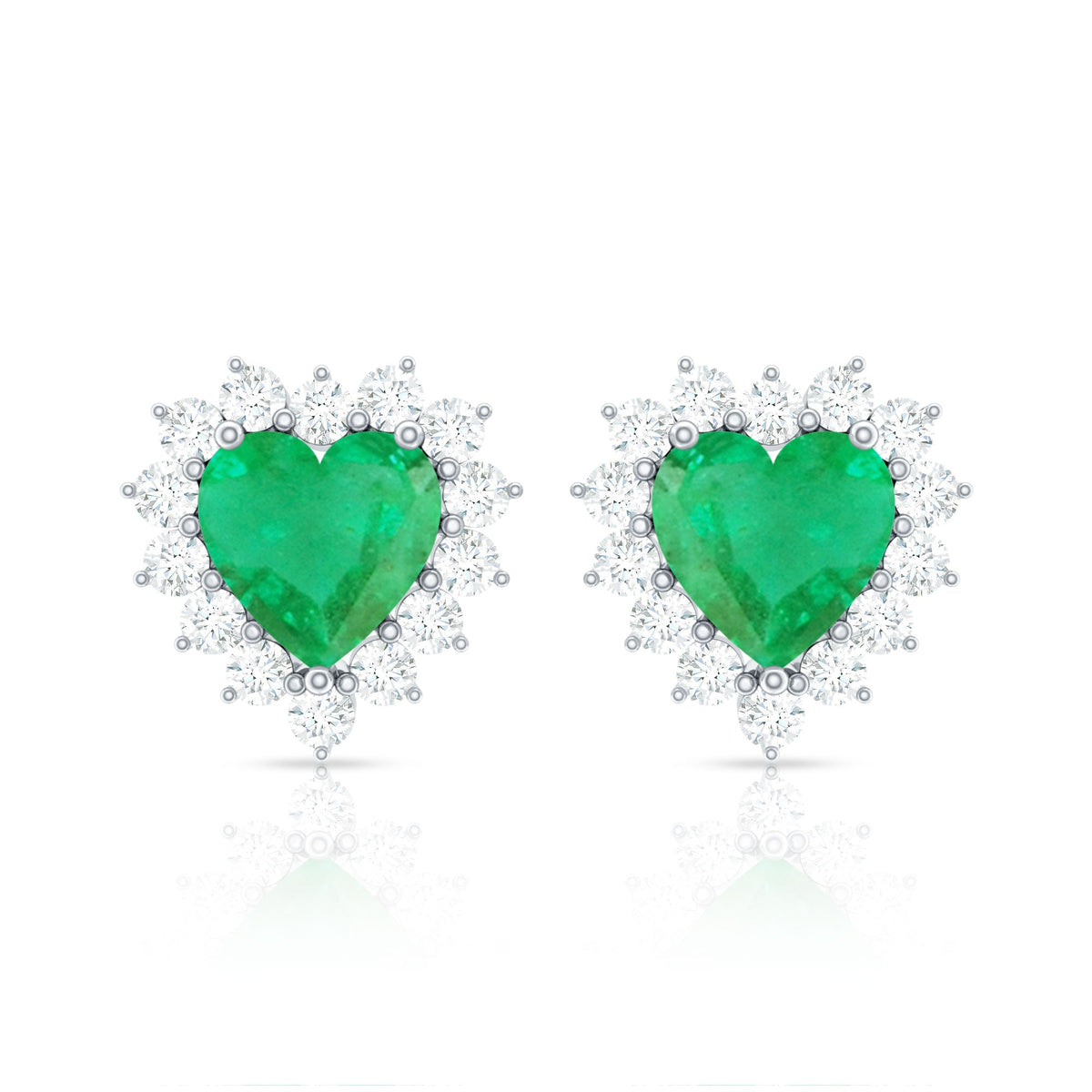 Natural Emerald Heart Stud Earrings with Diamond Halo