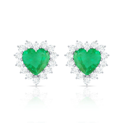 Natural Emerald Heart Stud Earrings with Diamond Halo