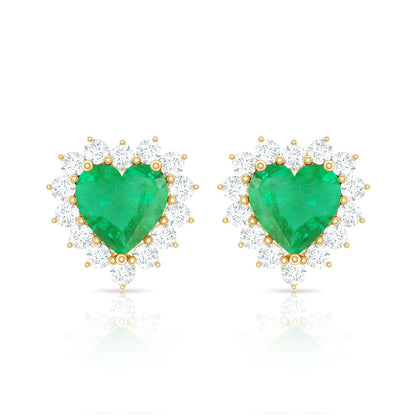 Natural Emerald Heart Stud Earrings with Diamond Halo