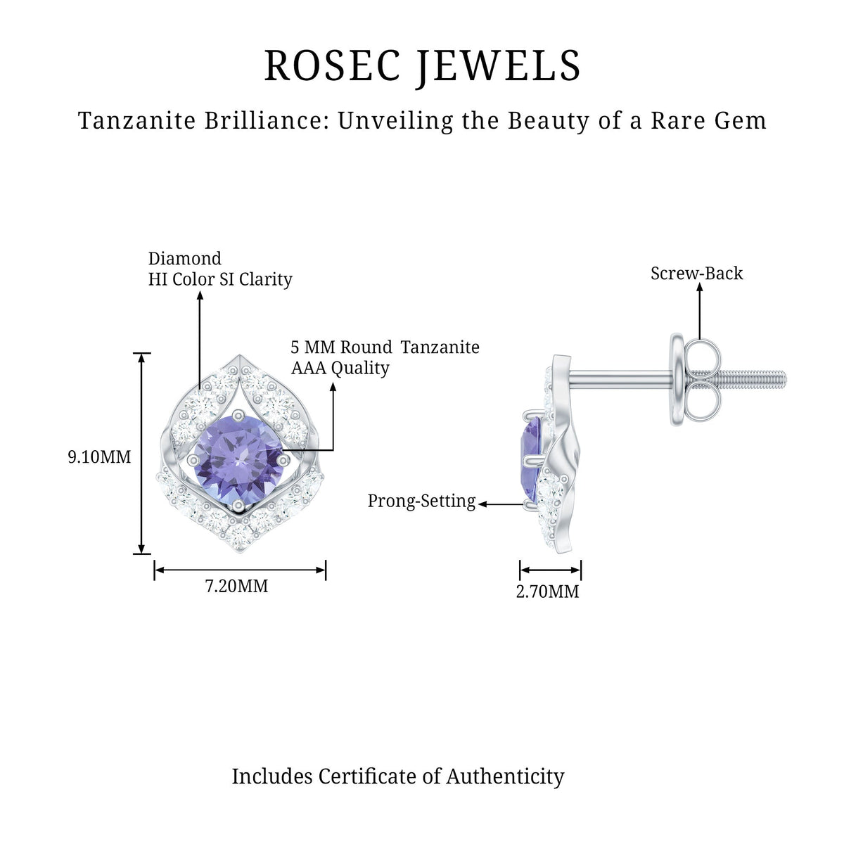 Natural 1 Carat Tanzanite Stud Earrings with Diamond or Women