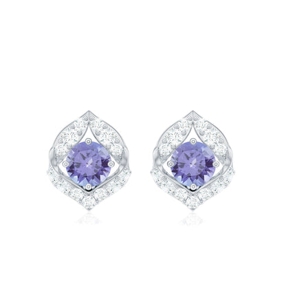 Natural 1 Carat Tanzanite Stud Earrings with Diamond or Women