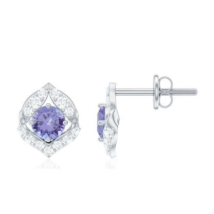 Natural 1 Carat Tanzanite Stud Earrings with Diamond or Women