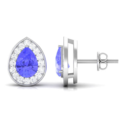 Real 1.6 Carat Pear Shape Tanzanite Stud Earrings with Diamond Halo