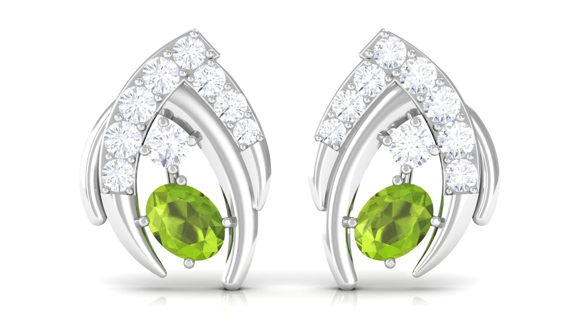 Natural Peridot Stud Earrings with Diamond for Women