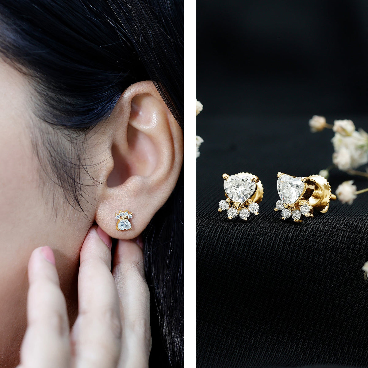 Natural Diamond Paw Stud Earrings for Women