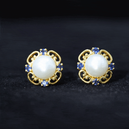 Vintage Freshwater Pearl Stud Earrings with Created Blue Sapphire