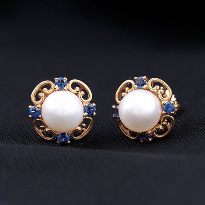 Vintage Freshwater Pearl Stud Earrings with Created Blue Sapphire
