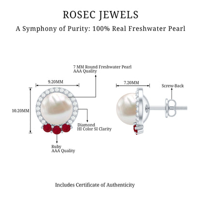 6 Carat Freshwater Pearl Stud Earrings with Ruby and Diamond Halo