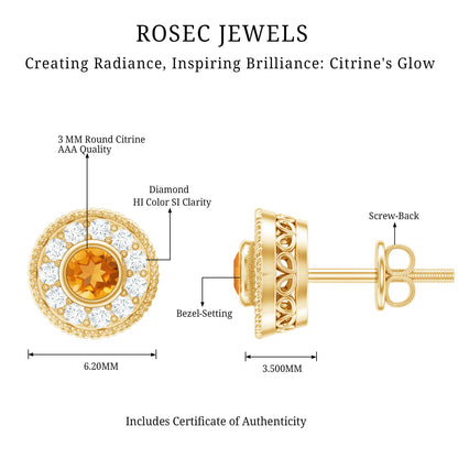 Round Citrine Halo Stud Earrings with Diamonds