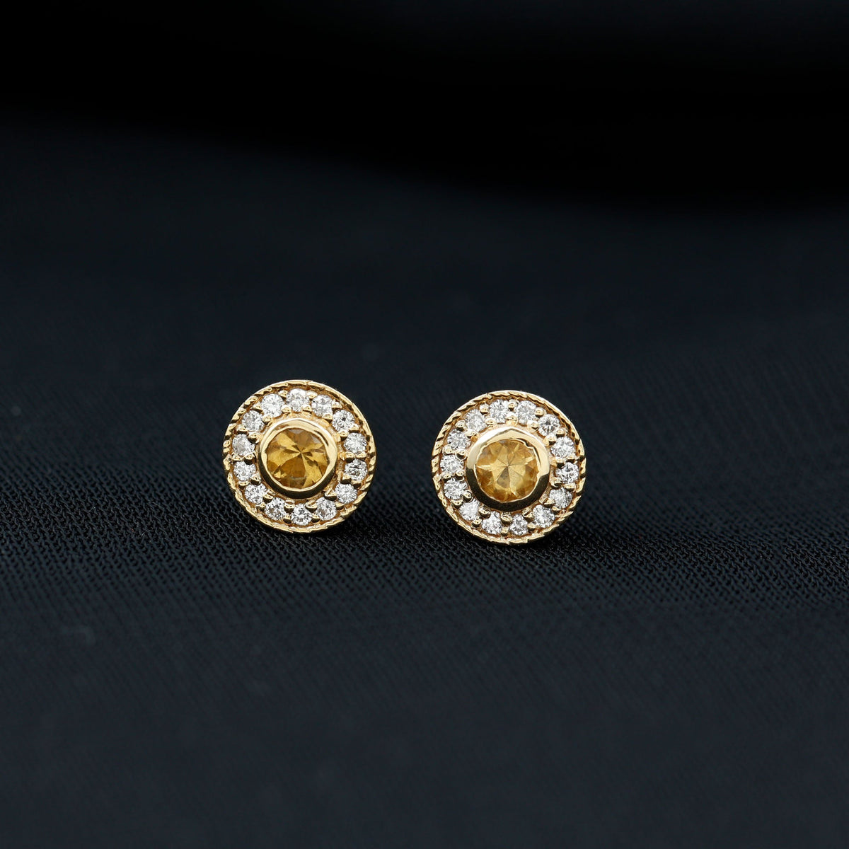 Round Citrine Halo Stud Earrings with Diamonds