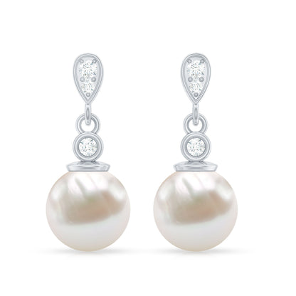 Natural Freshwater Pearl Drop Earrings with Diamond