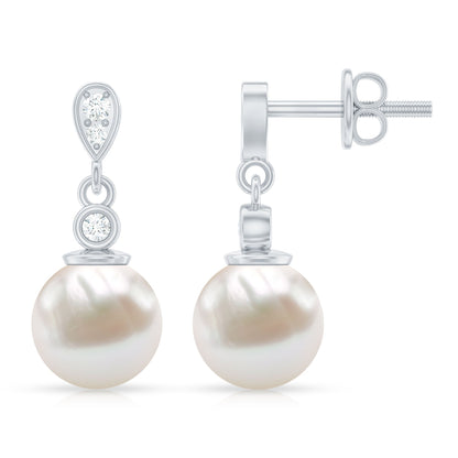 Natural Freshwater Pearl Drop Earrings with Diamond