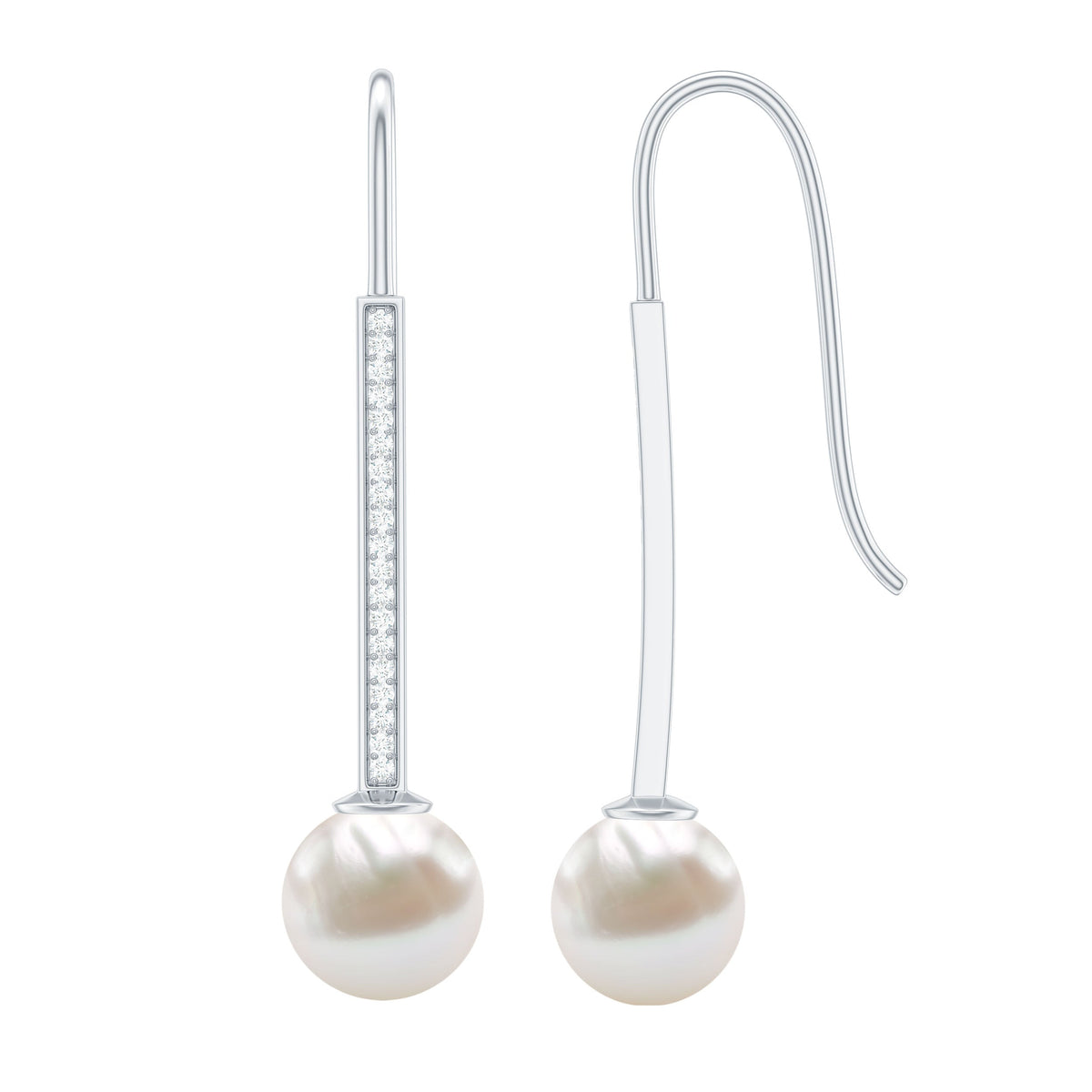 Cultured Freshwater Pearl Diamond Dangle Earrings with Fish Hook