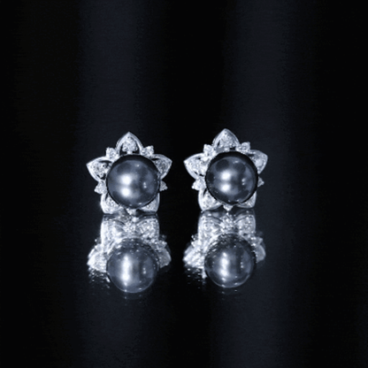 Genuine Tahitian Black Pearl and Diamond Flower Stud Earrings