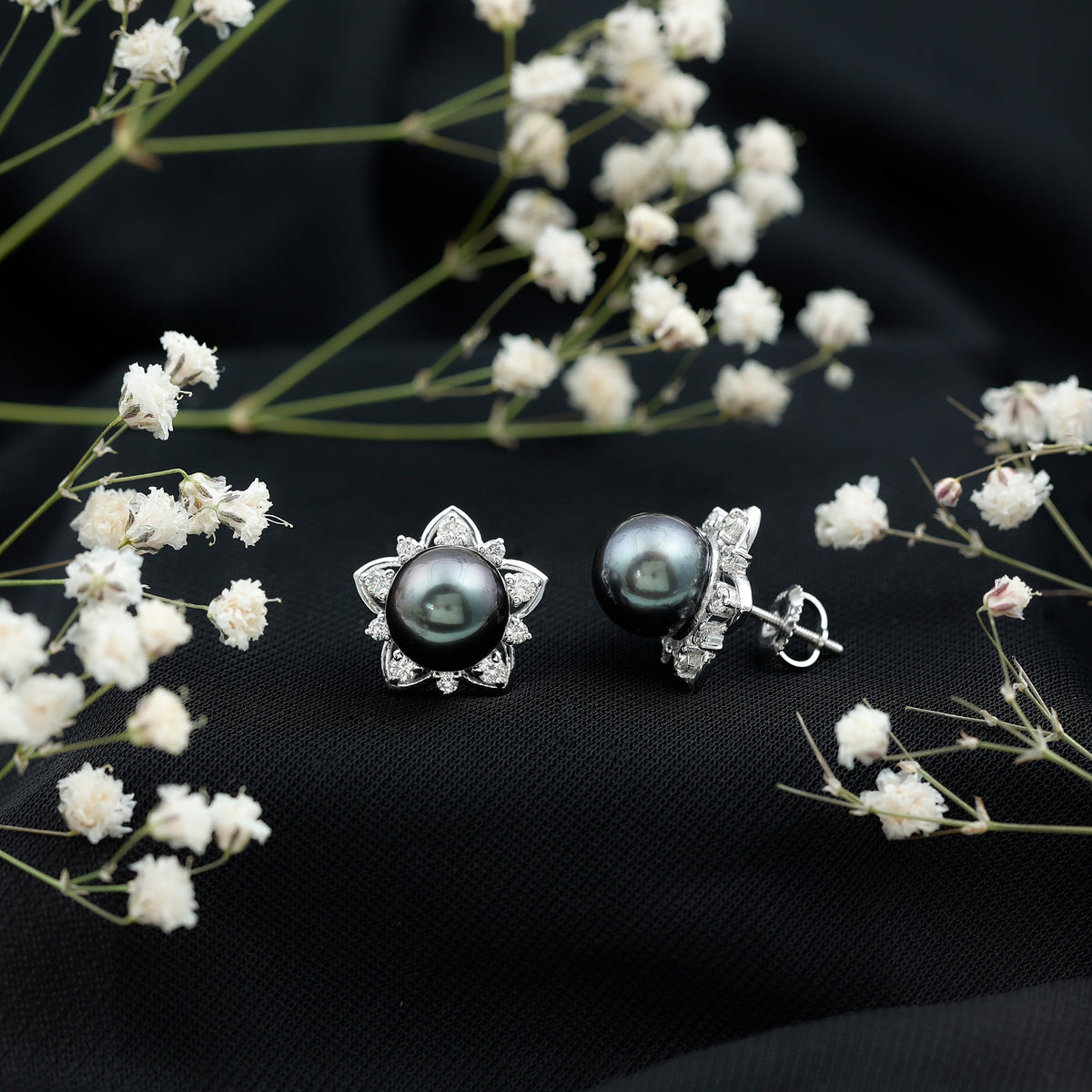 Genuine Tahitian Black Pearl and Diamond Flower Stud Earrings