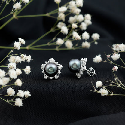 Genuine Tahitian Black Pearl and Diamond Flower Stud Earrings