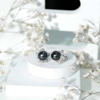 Genuine Tahitian Black Pearl and Diamond Flower Stud Earrings