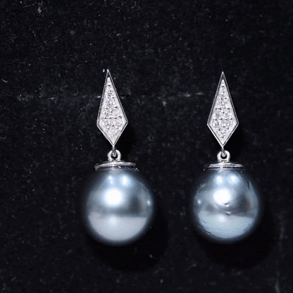 Art Deco Inspired Tahitian Pearl and Diamond Drop Earrings