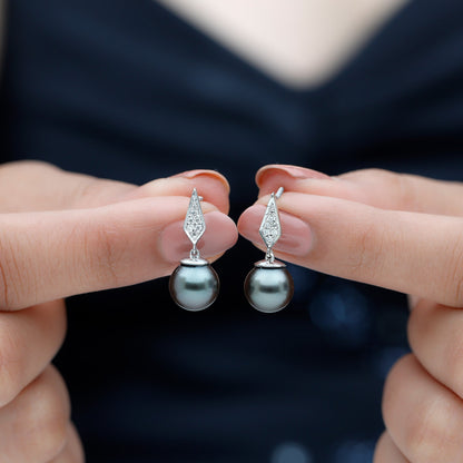 Art Deco Inspired Tahitian Pearl and Diamond Drop Earrings